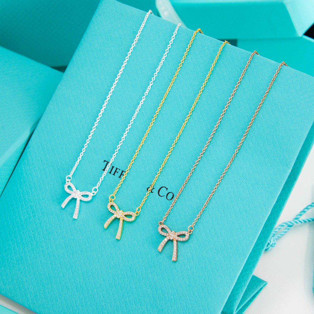 [Rose Tomorrow]RIBBON NECKLACE BOW PENDANT DIAMOND CHARM CHAIN