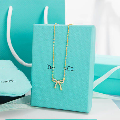 [Rose Tomorrow]RIBBON NECKLACE BOW PENDANT DIAMOND CHARM CHAIN