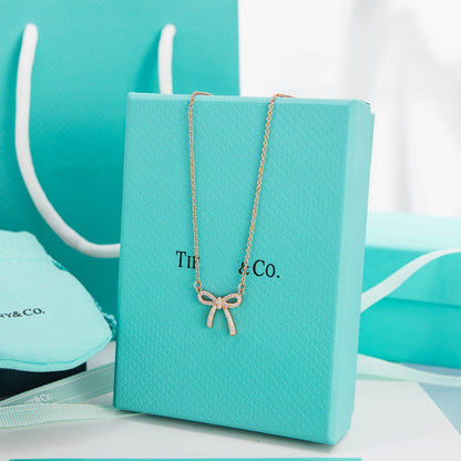 [Rose Tomorrow]RIBBON NECKLACE BOW PENDANT DIAMOND CHARM CHAIN