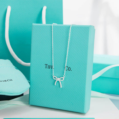 [Rose Tomorrow]RIBBON NECKLACE BOW PENDANT DIAMOND CHARM CHAIN