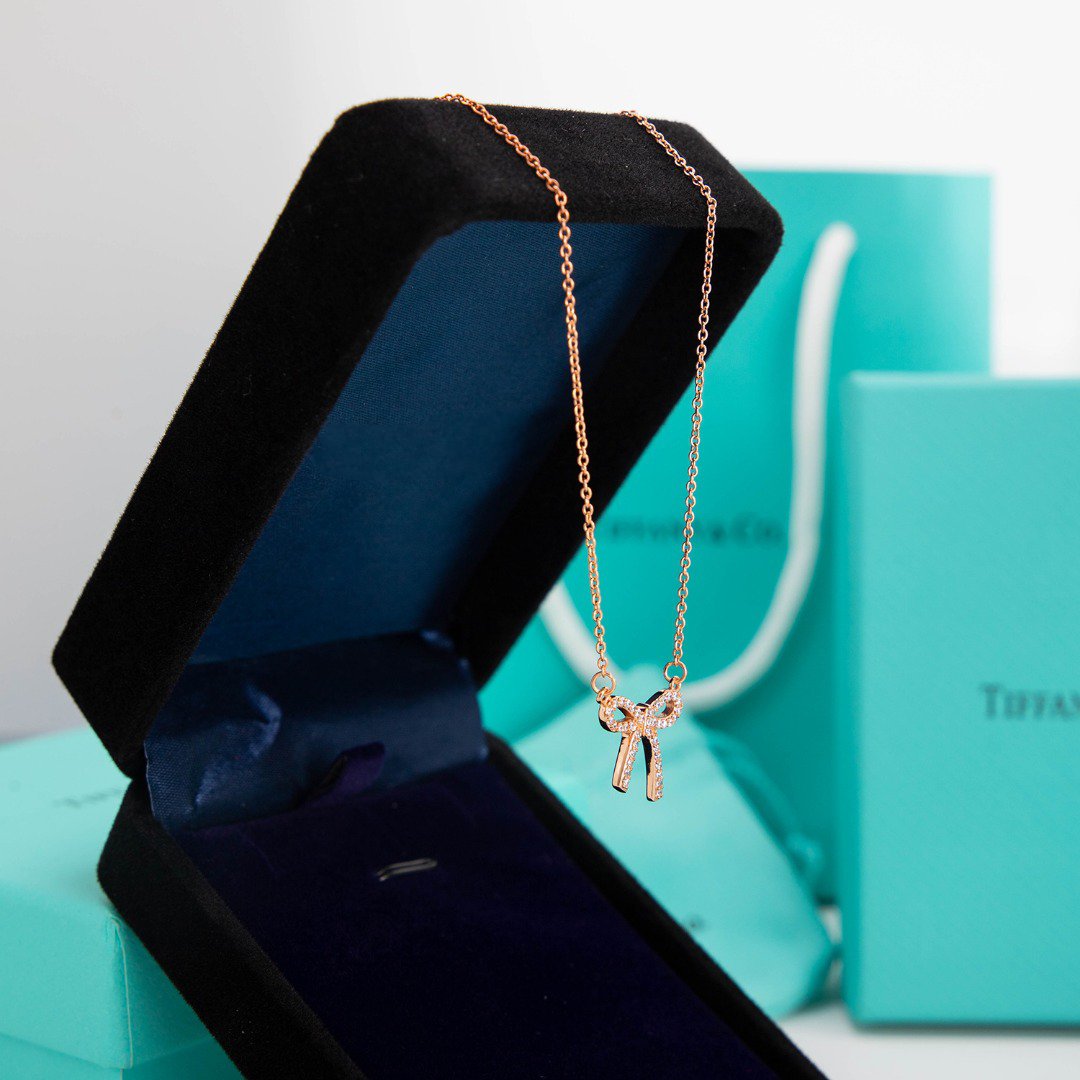 [Rose Tomorrow]RIBBON NECKLACE BOW PENDANT DIAMOND CHARM CHAIN