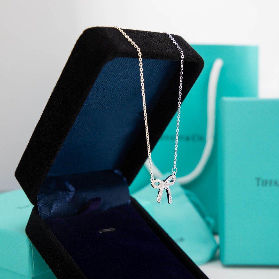 [Rose Tomorrow]RIBBON NECKLACE BOW PENDANT DIAMOND CHARM CHAIN
