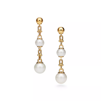[Rose Tomorrow]TRIPLE DROP LINK EARRINGS GOLD WITH FRESHWATER PEARLS