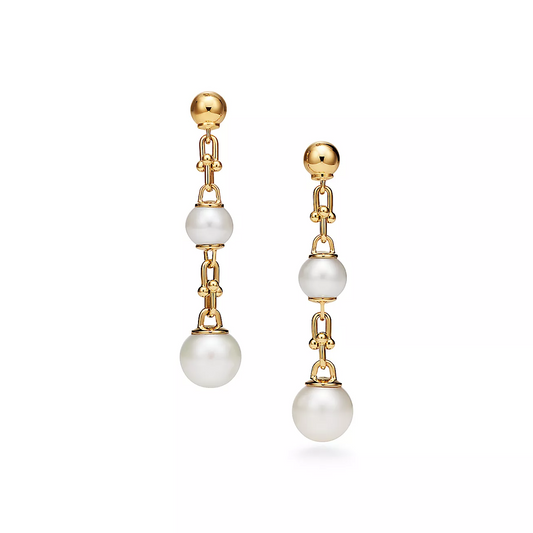 [Rose Tomorrow]TRIPLE DROP LINK EARRINGS GOLD WITH FRESHWATER PEARLS