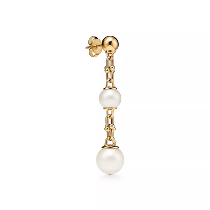 [Rose Tomorrow]TRIPLE DROP LINK EARRINGS GOLD WITH FRESHWATER PEARLS