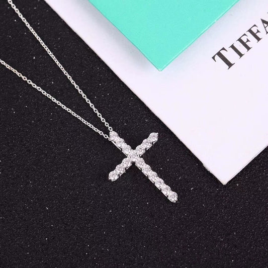 [Rose Tomorrow]MOISSANITE STONE CROSS PENDANT NECKLACE SIMULATED DIAMOND CROSS CHOKER