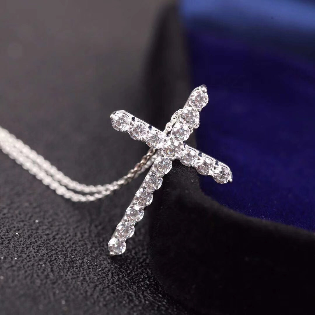 [Rose Tomorrow]MOISSANITE STONE CROSS PENDANT NECKLACE SIMULATED DIAMOND CROSS CHOKER