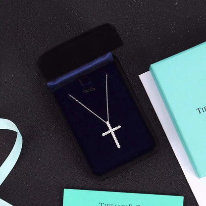[Rose Tomorrow]MOISSANITE STONE CROSS PENDANT NECKLACE SIMULATED DIAMOND CROSS CHOKER