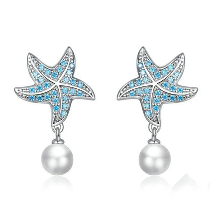 Ocean Blue Zircon Starfish Stud Earrings Shell Pearl Drop Earrings